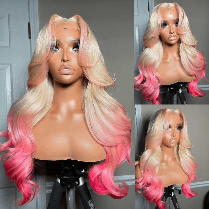 Atikual Professional Toned Ombre Pink 13x6 Lace Front Human Hair Body Wave Wig