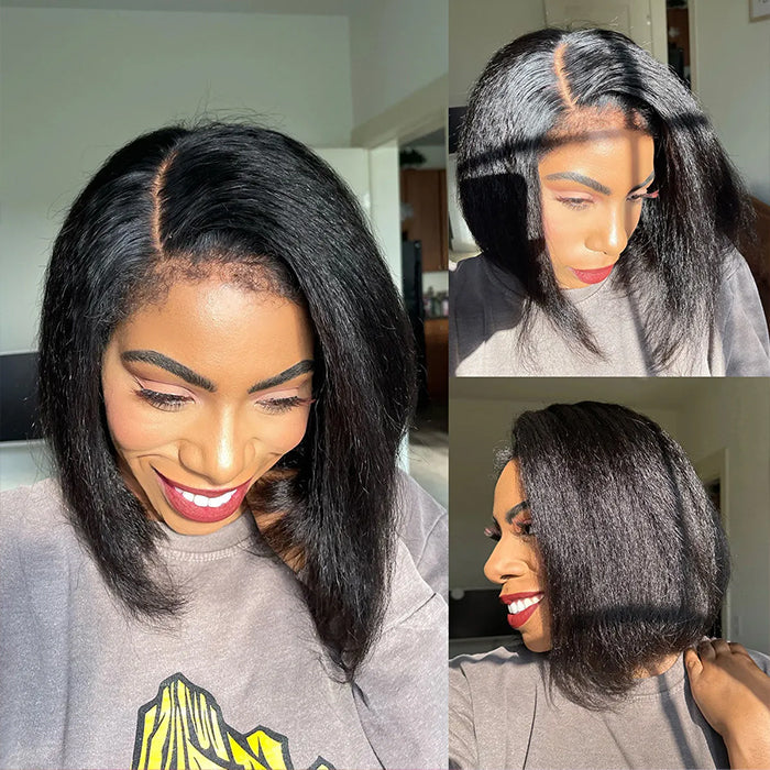 Atikual 4C Edges Hairline Kinky Straight 8×5 Pre-bleached Knots Natural Scalp 220% Density Short Bob Wig