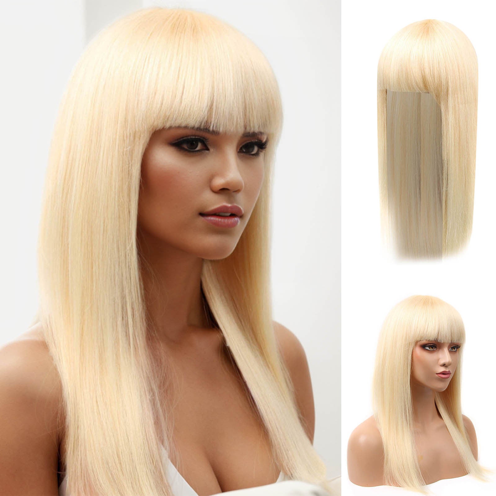 Atikual 613 Blonde Straight Top Lace Wig With Bangs & Natural Color Straight Glueless Human Hair Wig