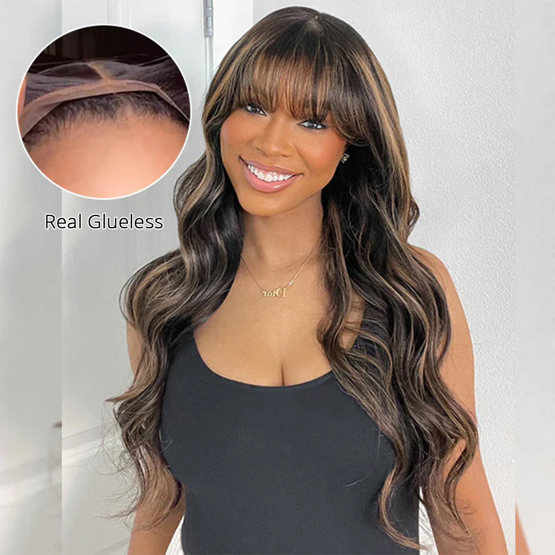 Atikual Water Wave Glueless Wig & Highlight Body Wave Wig With Bangs
