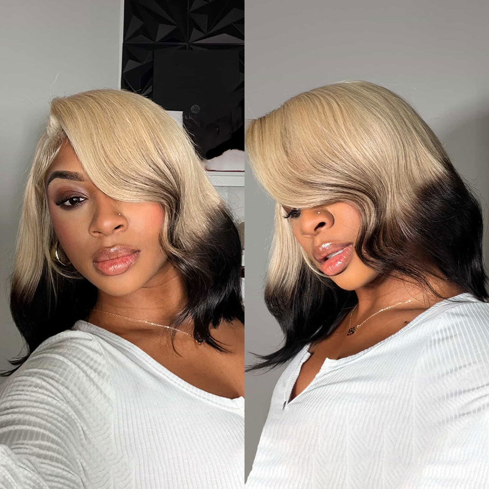 Atikual Fashion Gradient Color Ice Blonde With Black Bob Straight Virgin Hair Lace Wig Invisible Knots Hair