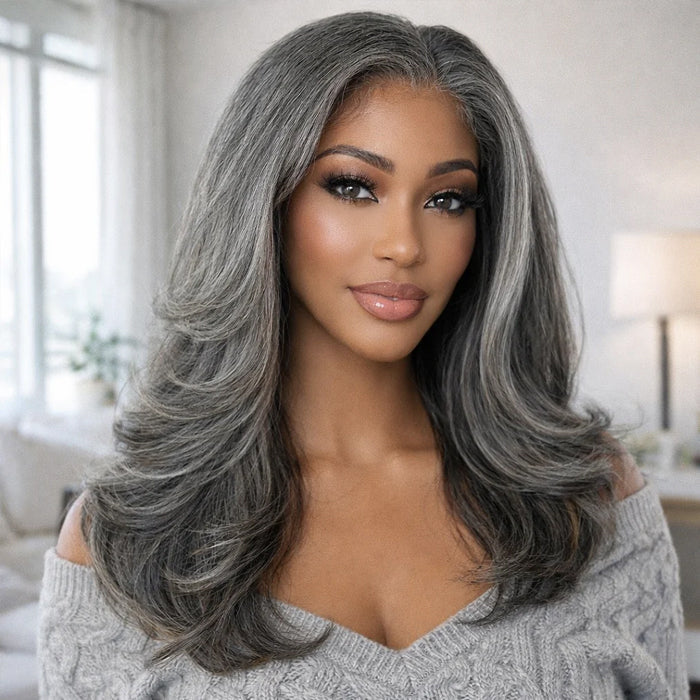 Human Hair Salt and Pepper Gray Color Layered Natural Wavy Side Part Glueless HD Lace Wig