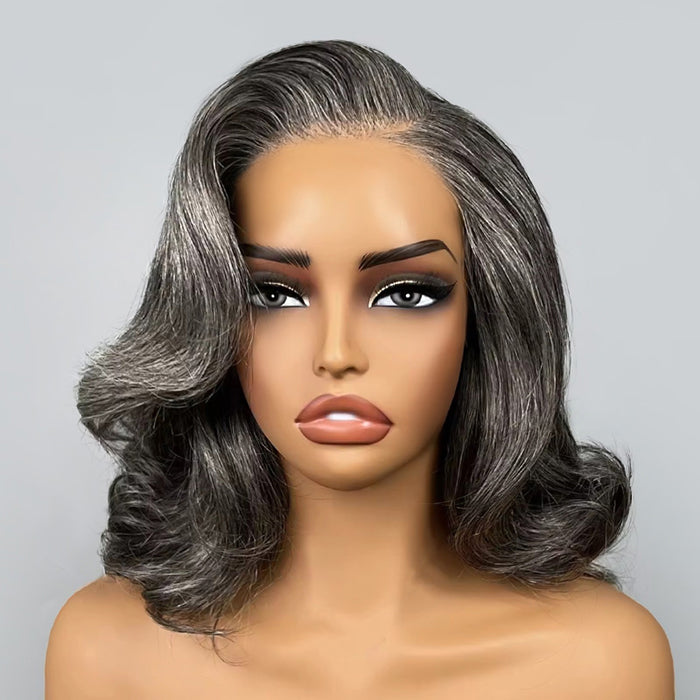 Salt and Pepper Human Hair Bob Wig Glueless Pre Cut 5x5 HD Lace Closure Wigs with Pre Plucked Hairline