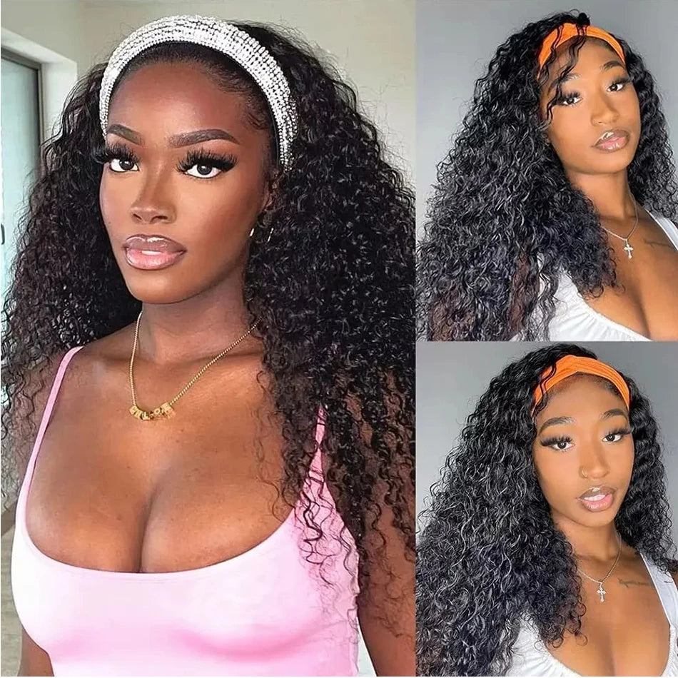 Atikual Water Wave Human Hair Headband Wig 180% Density Half Wig