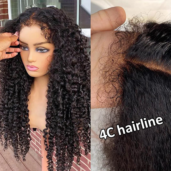 r 4C Edges Hairline Wig Transparent 13x4 HD Lace Pre-Plucked Curly Human Hair Wig with Curly Baby Hair