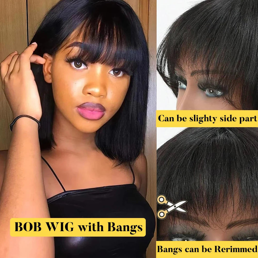 Atikual Straight Short Bob Wig Glueless Human Hair Wigs With Bangs For Women