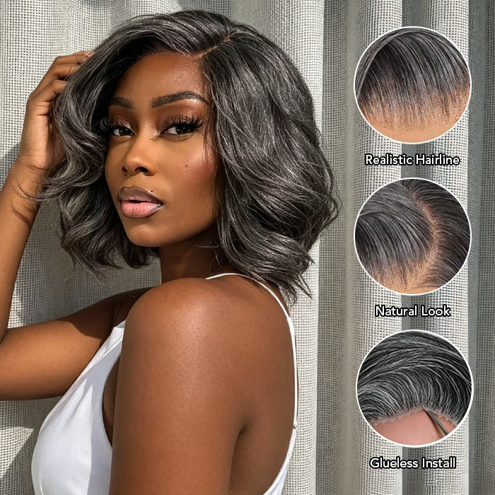 Salt & Pepper Layered Natural Wavy Bob Wigs Side Part Glueless HD Lace Human Hair Wigs with Pre Plucked Hairline