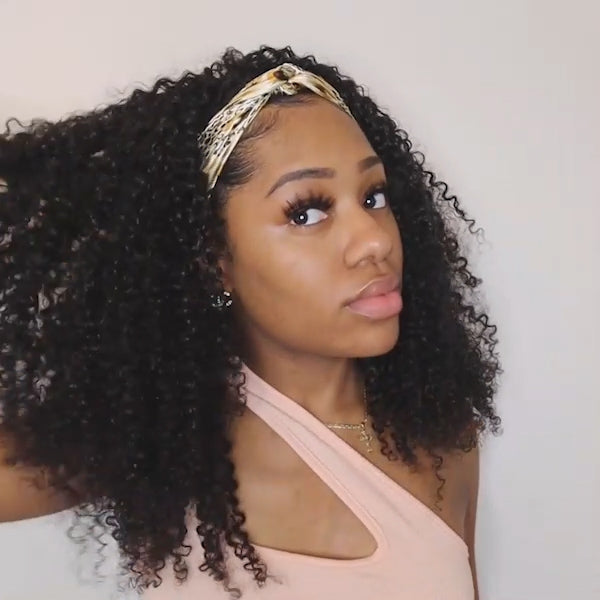 Atikual Kinky Curly Headband Wig, Shoulder Length Natural Look Wig