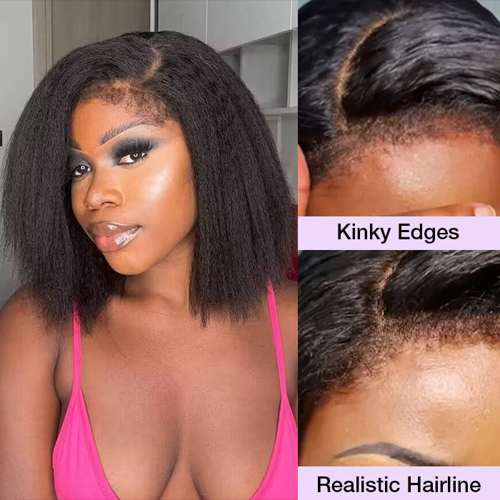 Atikual 4C Edges Hairline Kinky Straight 8×5 Pre-bleached Knots Natural Scalp 220% Density Short Bob Wig