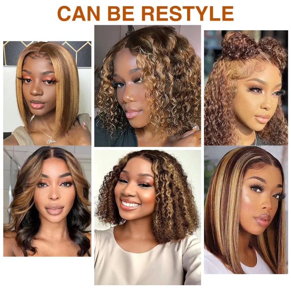 Atikual 300% Density Honey Blonde Highlight 13x4 Lace Front Jerry Curly Human Hair Wigs With Bangs