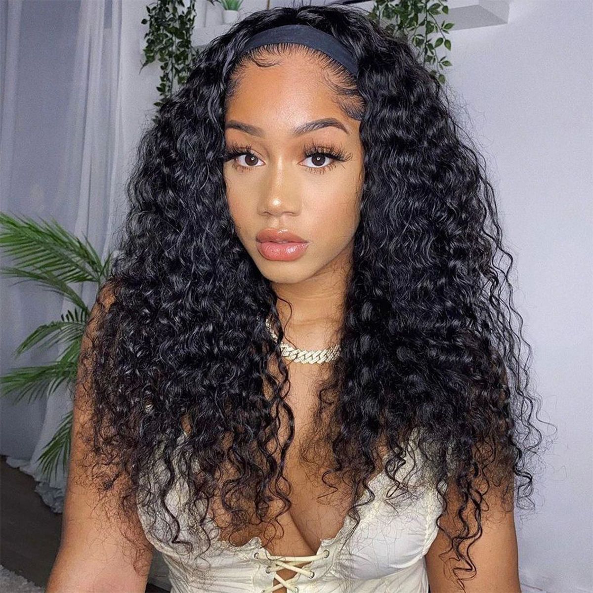 Atikual Deep Wave Headband Wig Glueless Human Hair Wigs No Glue No Gel
