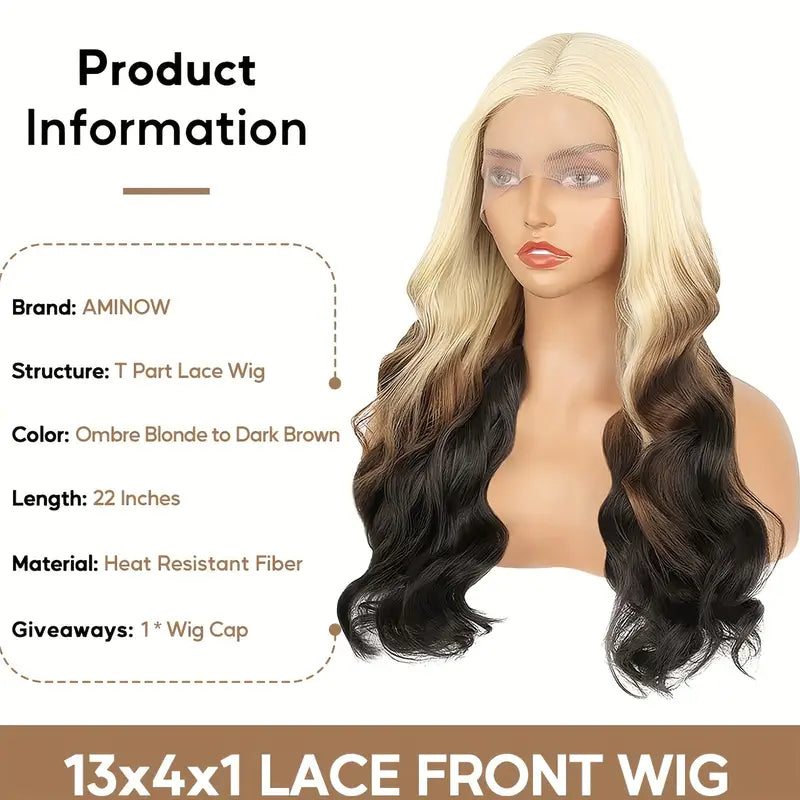 Atikual Ombre 613 Blonde Brown Body Wave Human Hair Wigs with Bangs for Women