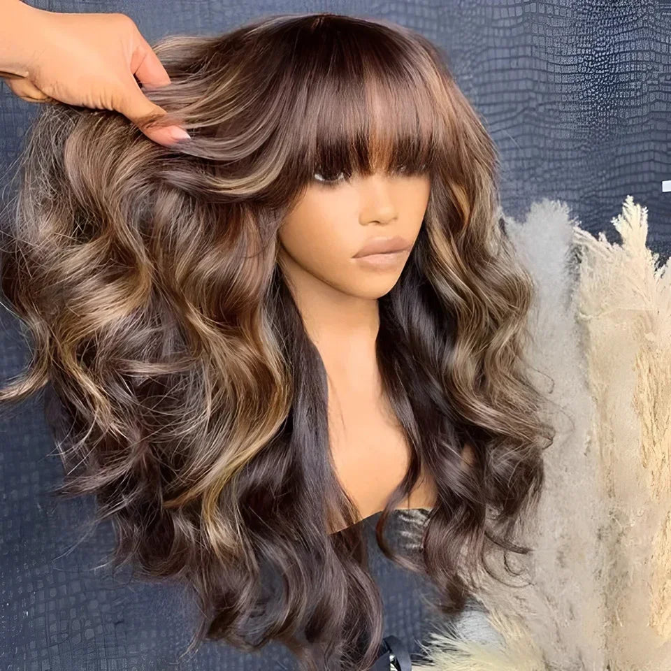Atikual Water Wave Glueless Wig & Highlight Body Wave Wig With Bangs
