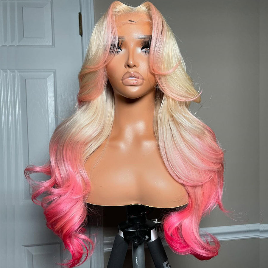 Atikual Professional Toned Ombre Pink 13x6 Lace Front Human Hair Body Wave Wig