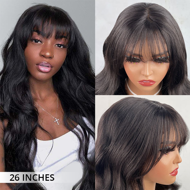 Atikual Ready To Go Glueless Body Wave Transparent Lace Top Human Hair Wig Pre Bleached with Bangs