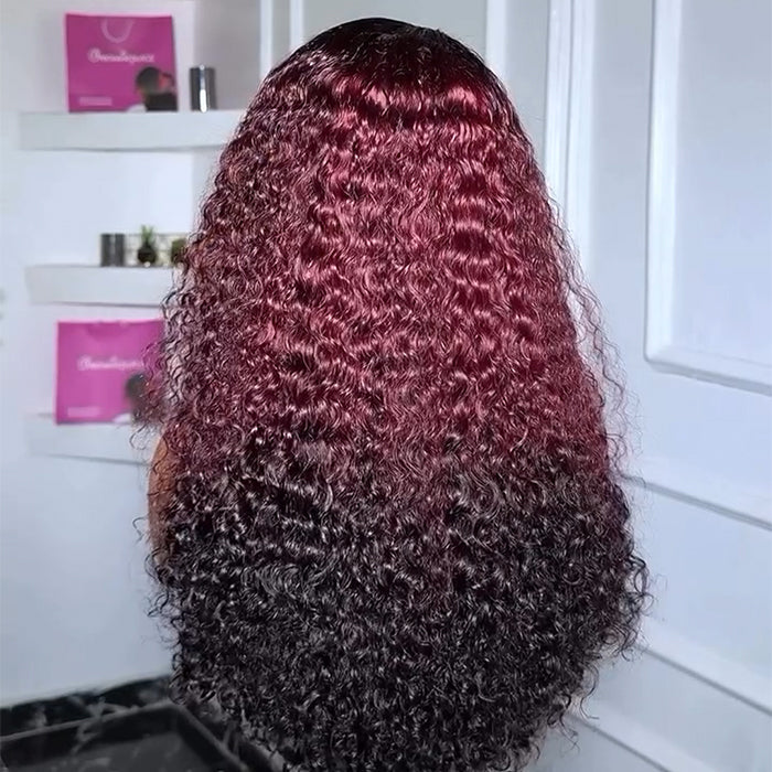 Atikual 300% Density Ombre 99J Burgundy Curly Wigs Super Double Drawn Virgin Human Hair HD Transparent Lace Front Wigs Salon-Quality