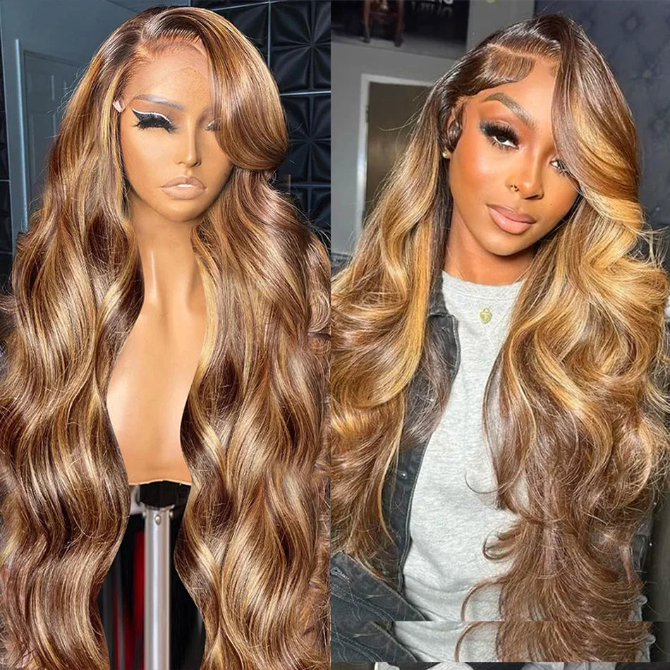 Atikual Water Wave Glueless Wig & Highlight Body Wave Wig With Bangs