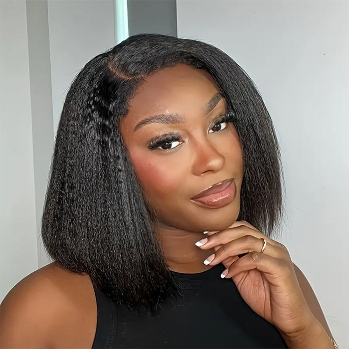 Atikual 4C Edges Hairline Kinky Straight 8×5 Pre-bleached Knots Natural Scalp 220% Density Short Bob Wig