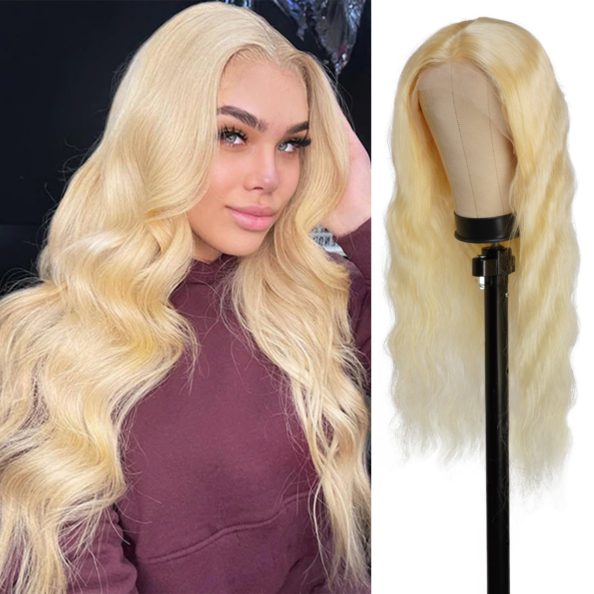 Atikual 613 Blonde Body Wave Human Hair Wig with Bangs Natural Color for Women
