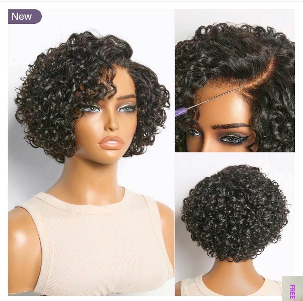 Atikual Natural Black / Brown Highlight Water Wave Pixie Cut Glueless Minimalist HD Lace Short Curly Wig