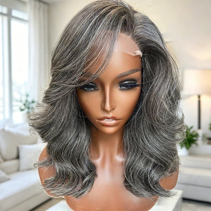 Human Hair Salt and Pepper Gray Color Layered Natural Wavy Side Part Glueless HD Lace Wig