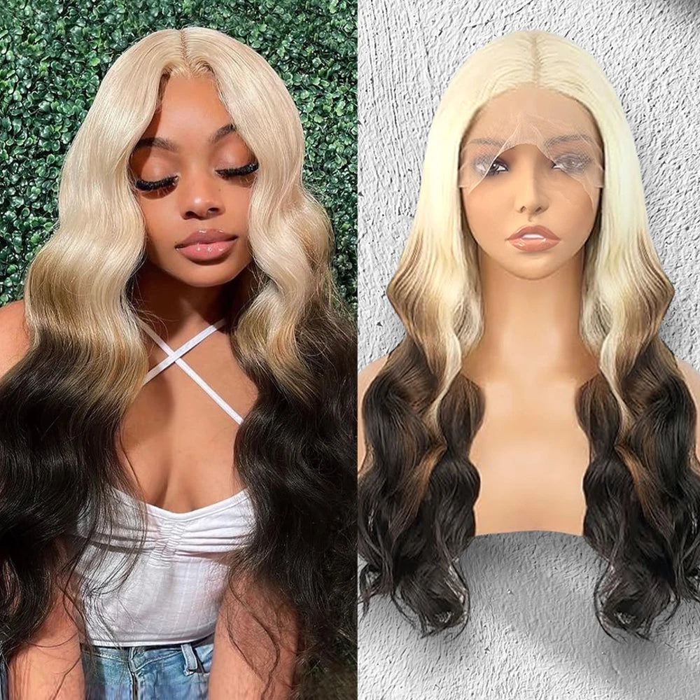 Atikual Ombre 613 Blonde Brown Body Wave Human Hair Wigs with Bangs for Women