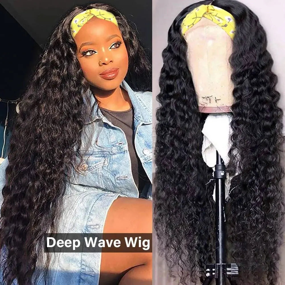 Atikual Deep Wave Headband Wig Glueless Human Hair Wigs No Glue No Gel