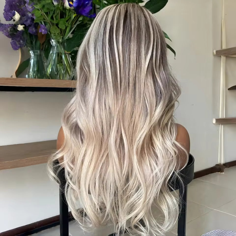 Atikual Ombre Ash Blonde Highlights Lace Front Wig Human Hair Body Wave Ombre Roots Milk Tea with Brown Color Pre Plucked Wigs