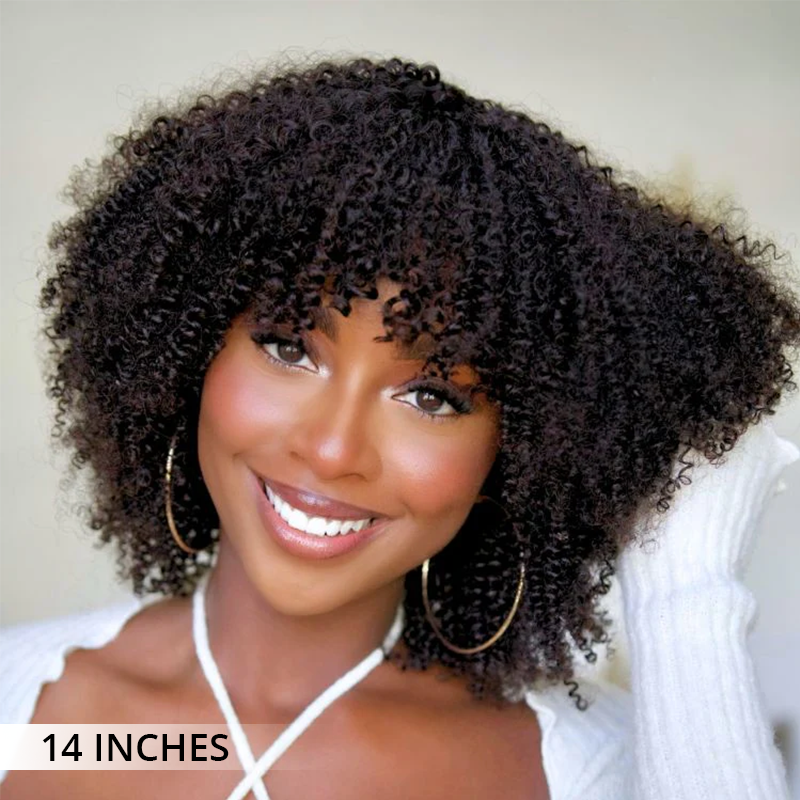 Atikual Put On To Go Jerry Curly Short Bob Glueless No Lace 100% Human Hair Wigs With Bangs