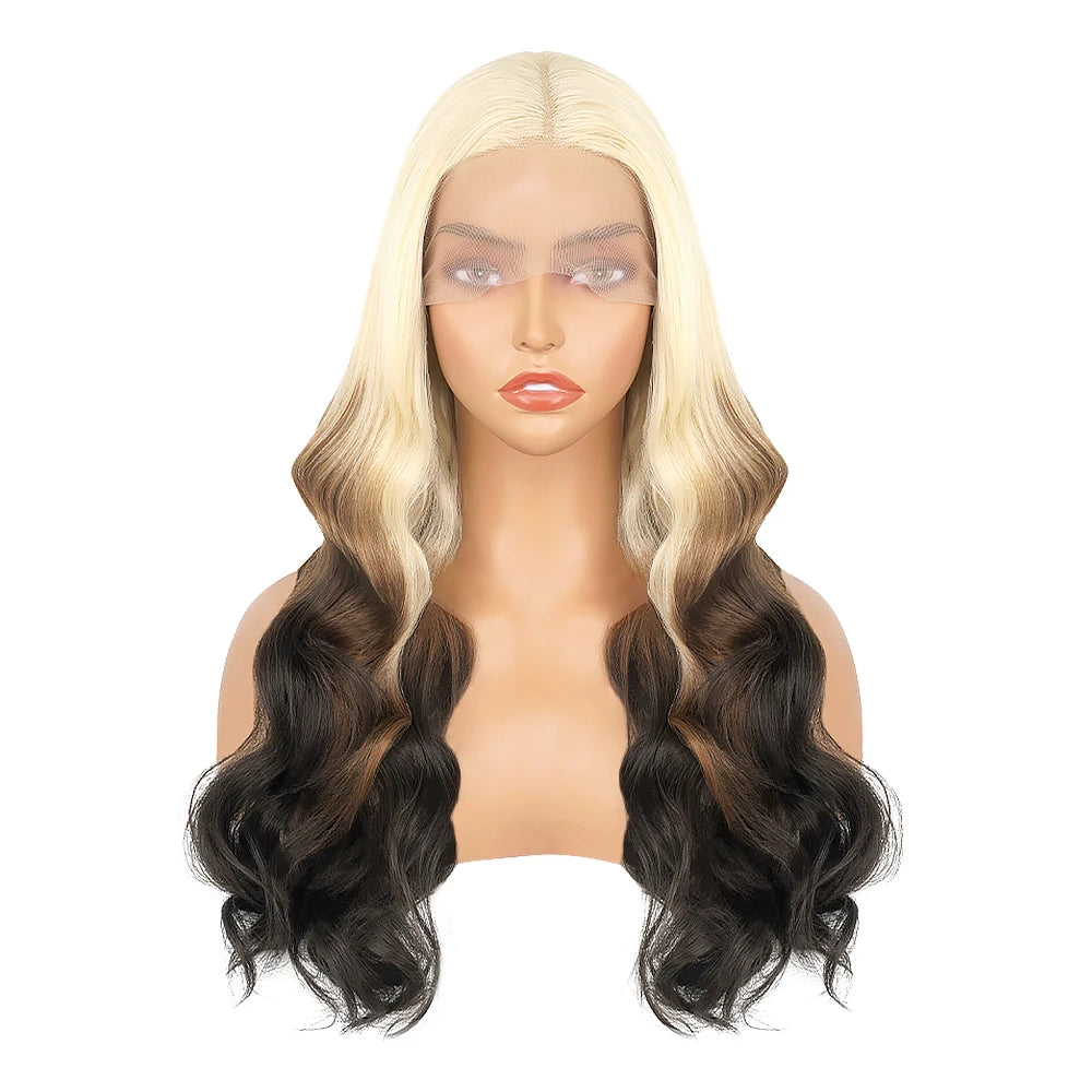 Atikual Ombre 613 Blonde Brown Body Wave Human Hair Wigs with Bangs for Women