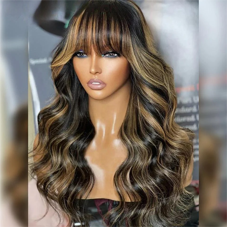 Atikual Water Wave Glueless Wig & Highlight Body Wave Wig With Bangs