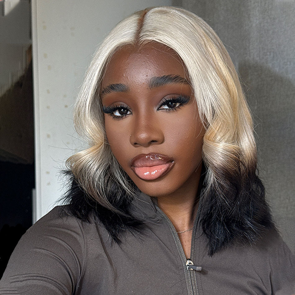 Atikual Fashion Gradient Color Ice Blonde With Black Bob Straight Virgin Hair Lace Wig Invisible Knots Hair