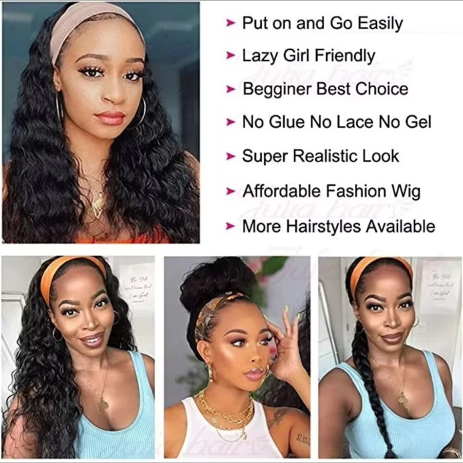 Atikual Water Wave Human Hair Headband Wig 180% Density Half Wig