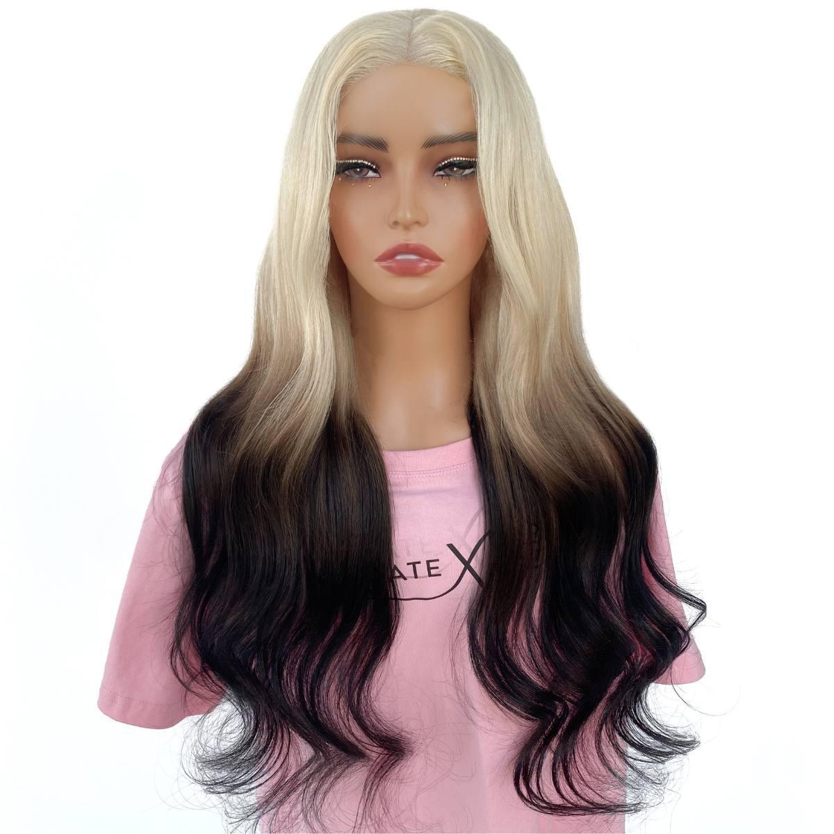 Atikual Ombre 613 Blonde Brown Body Wave Human Hair Wigs with Bangs for Women