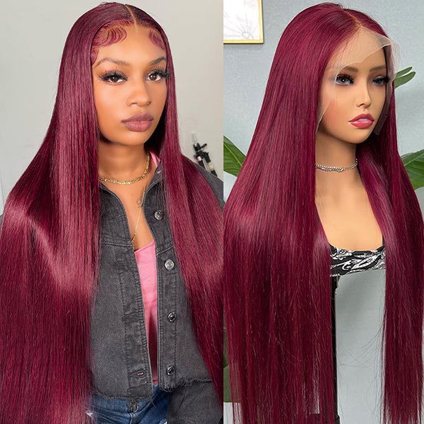 Atikual 99J Straight Wig With Bangs Silky Straight Glueless Human Hair Wig Natural Hairline