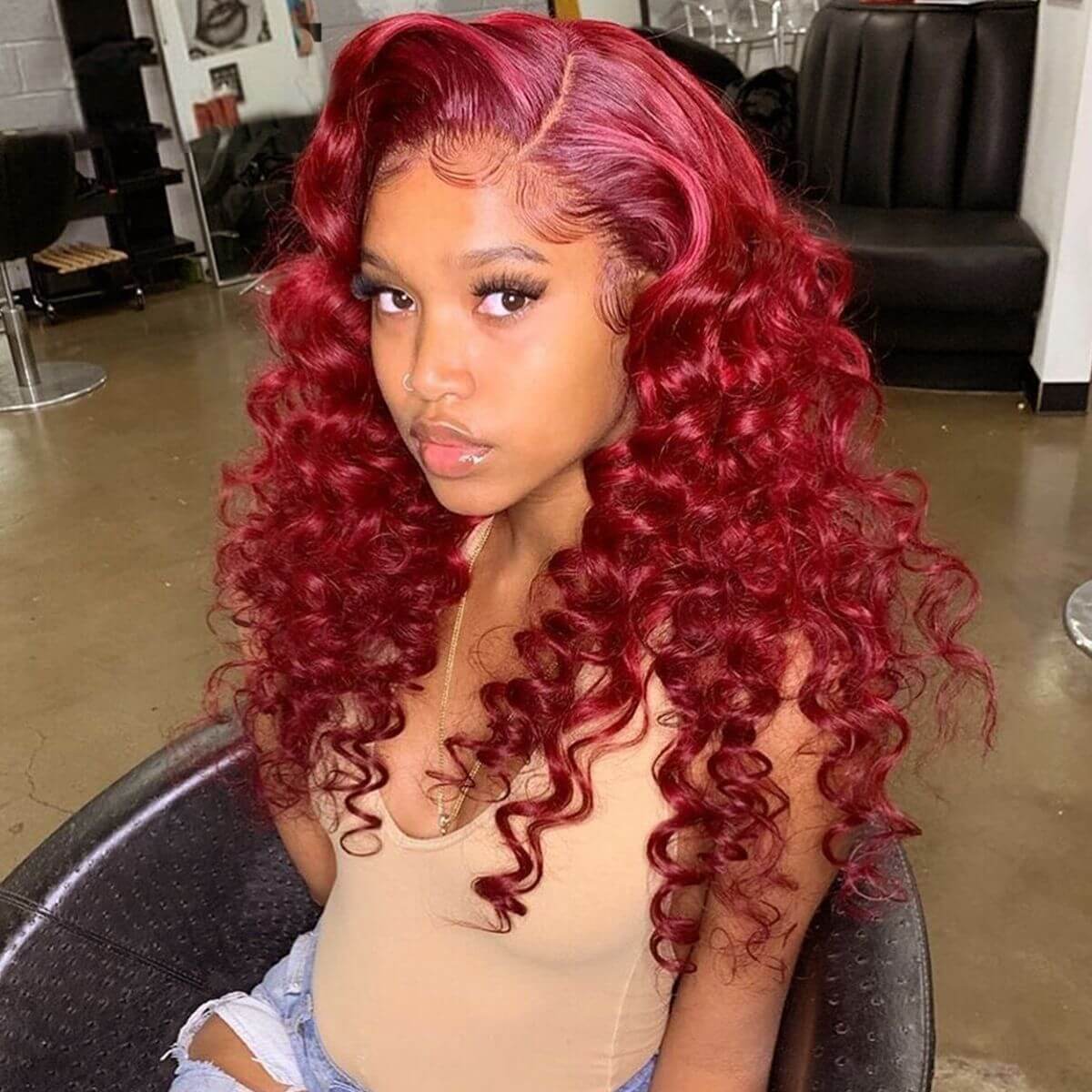 Atikual 13×4 Lace Front Wigs Redwine Color Loose Deep Human Hair 6×5 Pre-cut Lace Wigs 180% Density