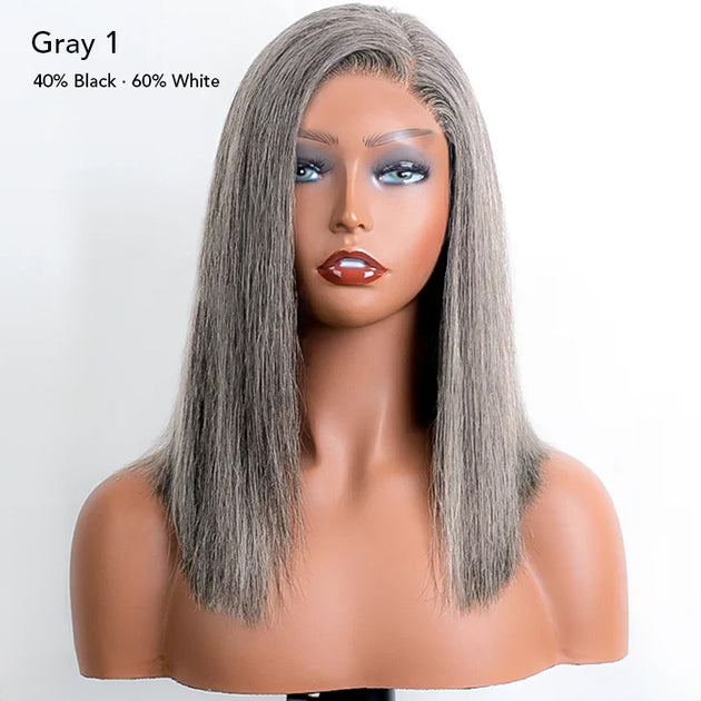Salt and Pepper Gray Color Put On and Go Glueless Straight 5x5 Pre-Cut HD Lace Human Hair Wigs