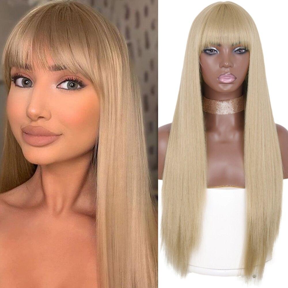 Atikual 613 Blonde Straight Top Lace Wig With Bangs & Natural Color Straight Glueless Human Hair Wig