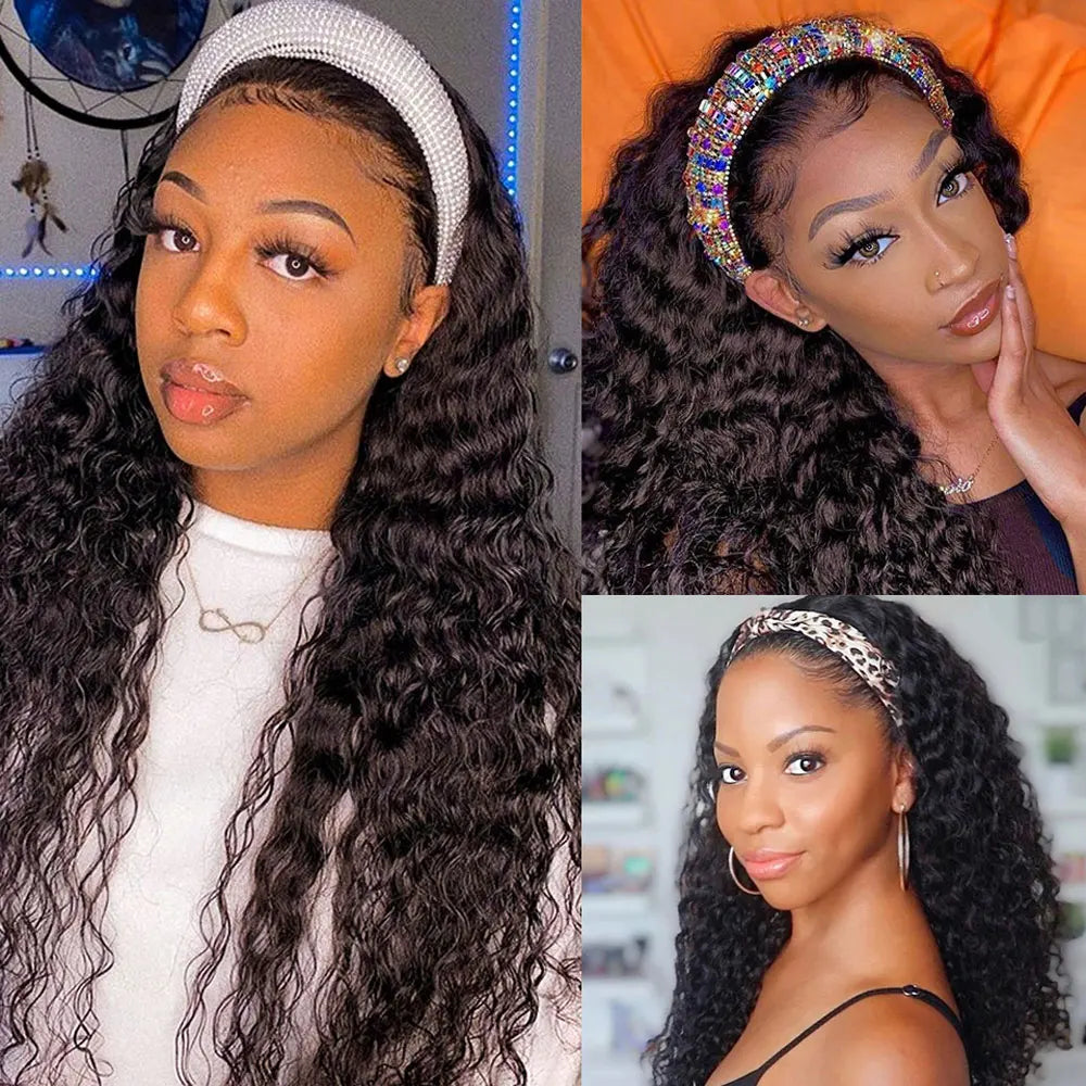 Atikual Deep Wave Headband Wig Glueless Human Hair Wigs No Glue No Gel