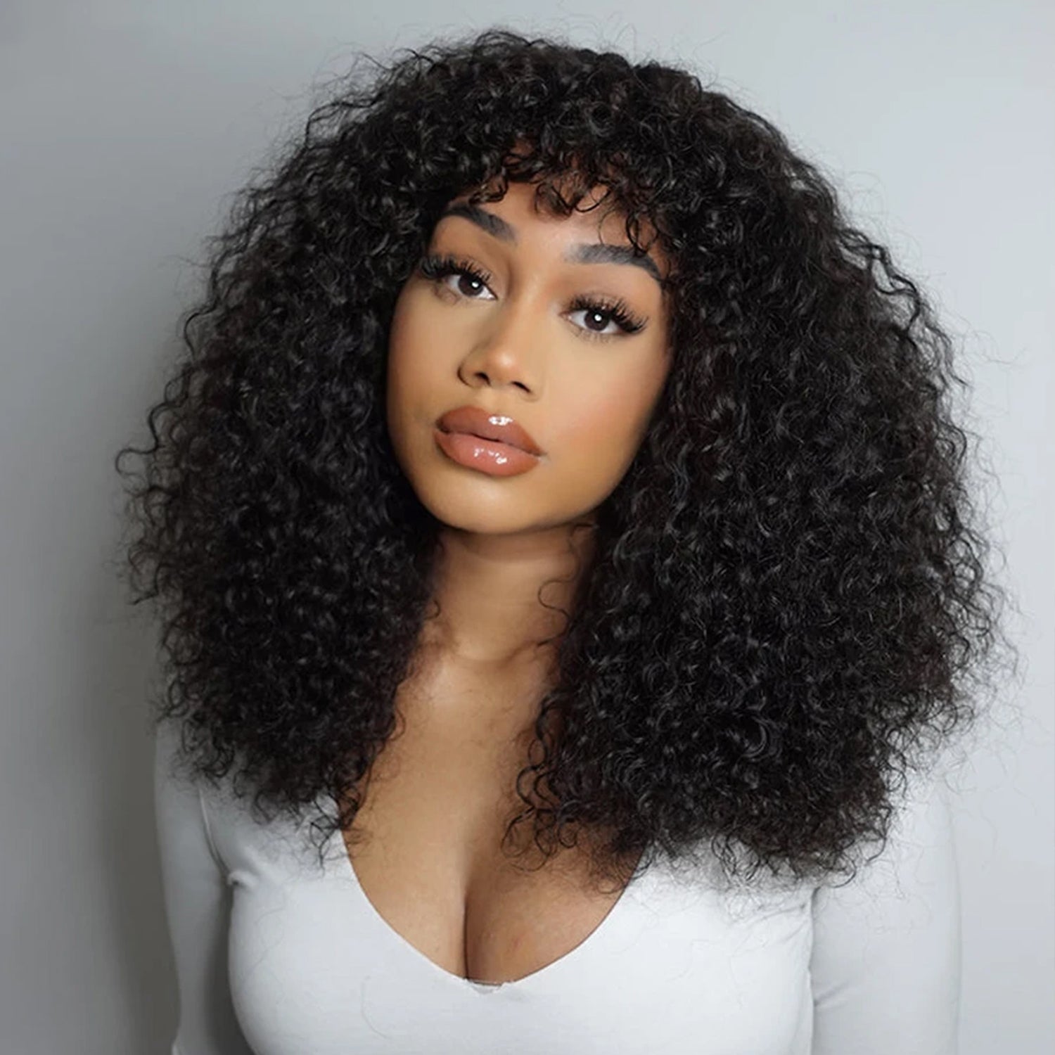 Atikual Put On To Go Jerry Curly Short Bob Glueless No Lace 100% Human Hair Wigs With Bangs