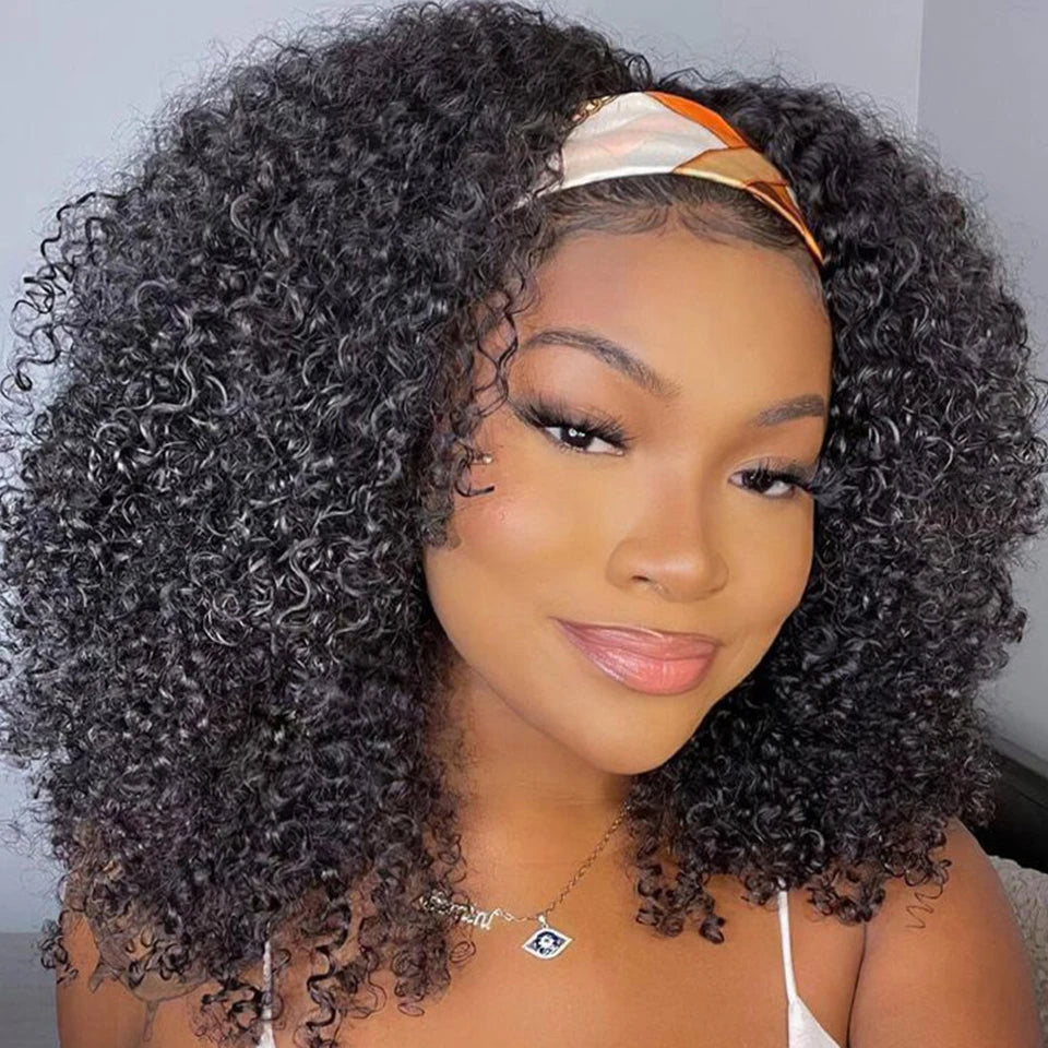 Atikual Kinky Curly Headband Wig, Shoulder Length Natural Look Wig