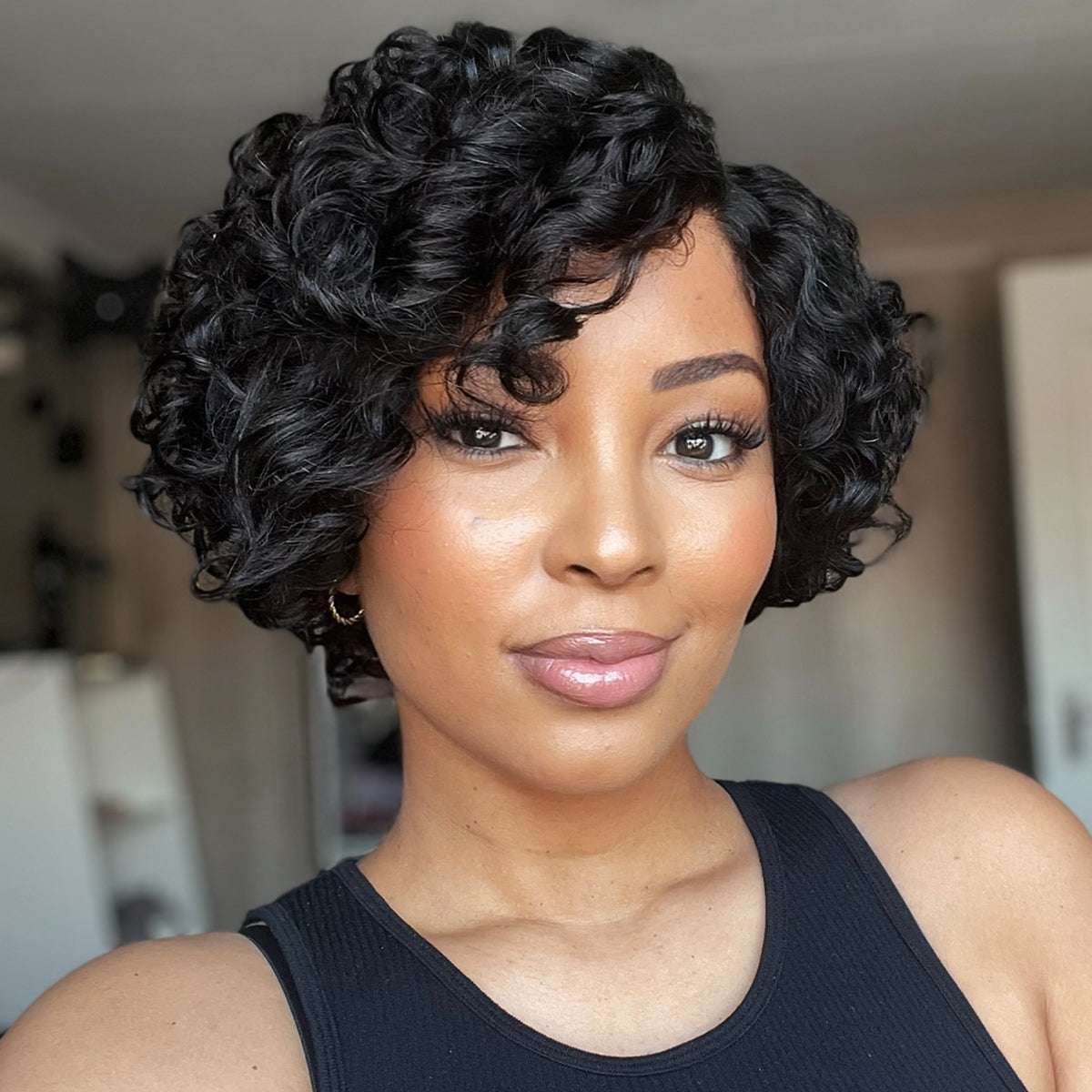 Atikual Natural Black / Brown Highlight Water Wave Pixie Cut Glueless Minimalist HD Lace Short Curly Wig