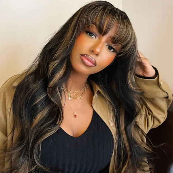 Atikual Water Wave Glueless Wig & Highlight Body Wave Wig With Bangs