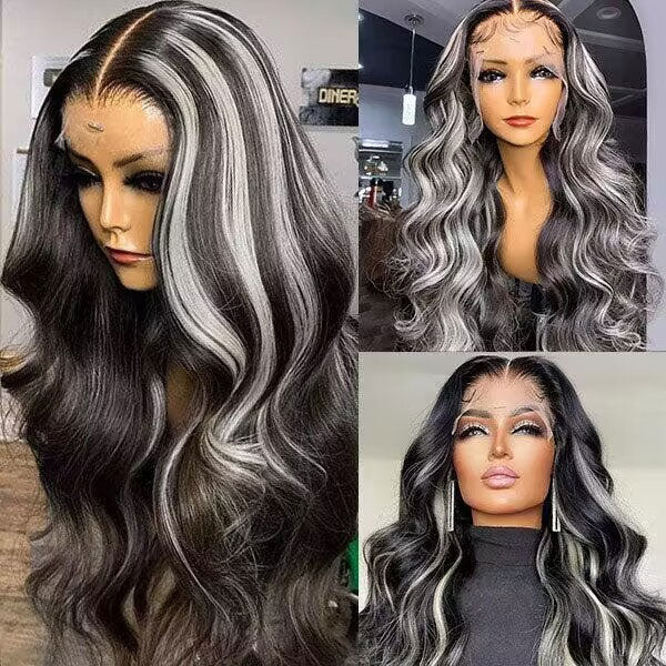 Atikual Grey Highlight With Black Color Body Wave 13x4 HD Lace Front Human Hair Wigs 180% Density