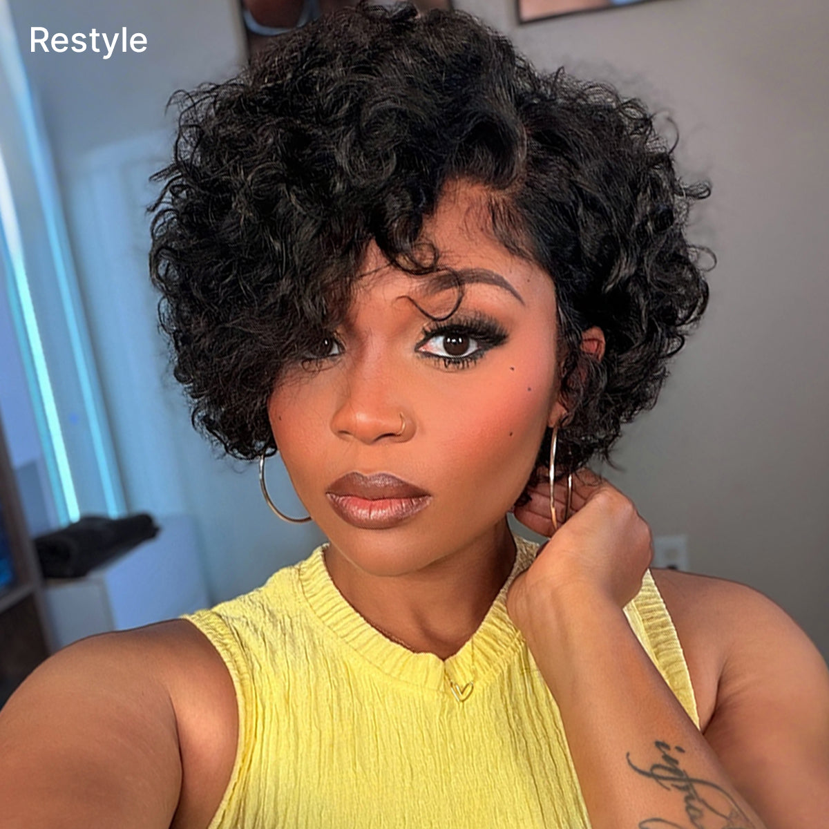 Atikual Natural Black / Brown Highlight Water Wave Pixie Cut Glueless Minimalist HD Lace Short Curly Wig
