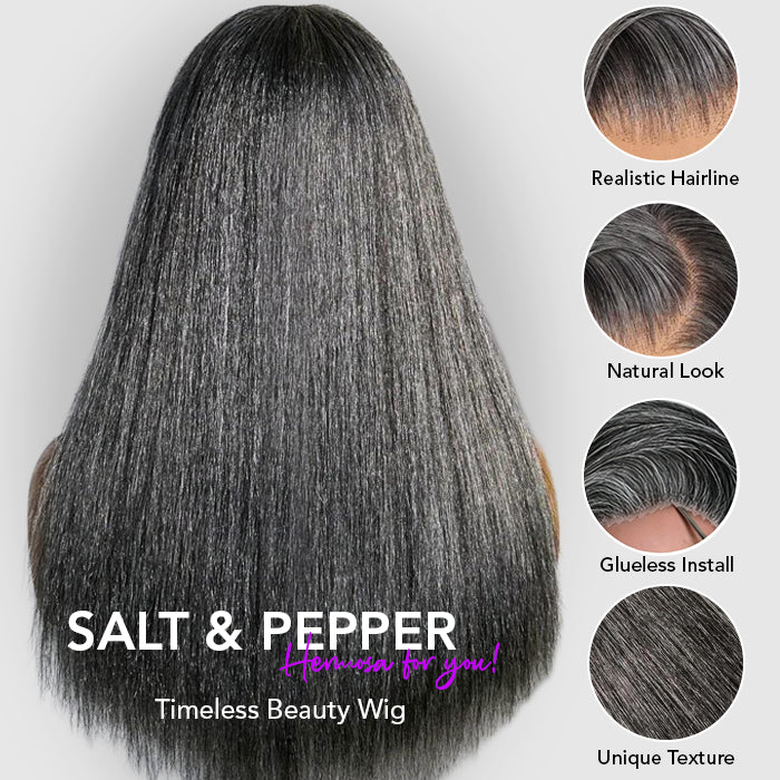 Salt and Pepper Gray Color Put On and Go Glueless Straight 5x5 Pre-Cut HD Lace Human Hair Wigs