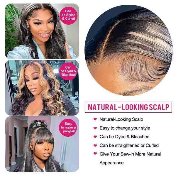 Atikual Grey Highlight With Black Color Body Wave 13x4 HD Lace Front Human Hair Wigs 180% Density