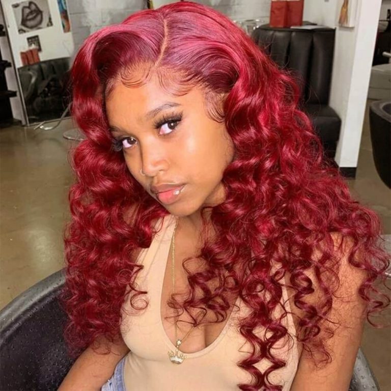 Atikual 13×4 Lace Front Wigs Redwine Color Loose Deep Human Hair 6×5 Pre-cut Lace Wigs 180% Density