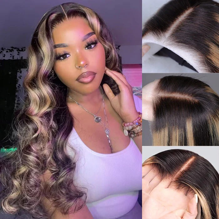 Atikual Water Wave Glueless Wig & Highlight Body Wave Wig With Bangs