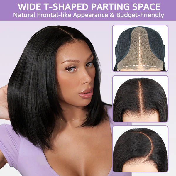 Atikual Glueless Layered Cut Yaki Straight Wear Go Wig 9x6 Pre-Cut T Part Lace Bob Wig Human Hair With Elastic Drawstring
